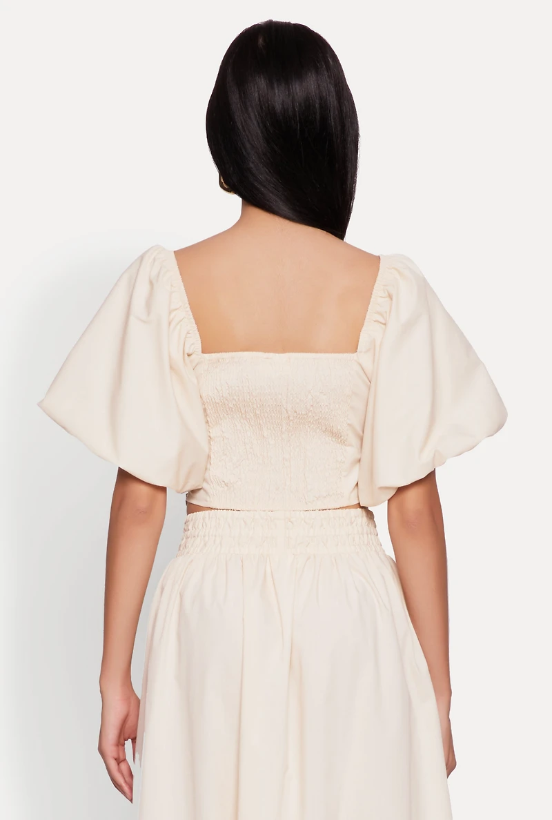 Womens Poplin Puff Sleeve Corset Crop Top, Beige, Size M