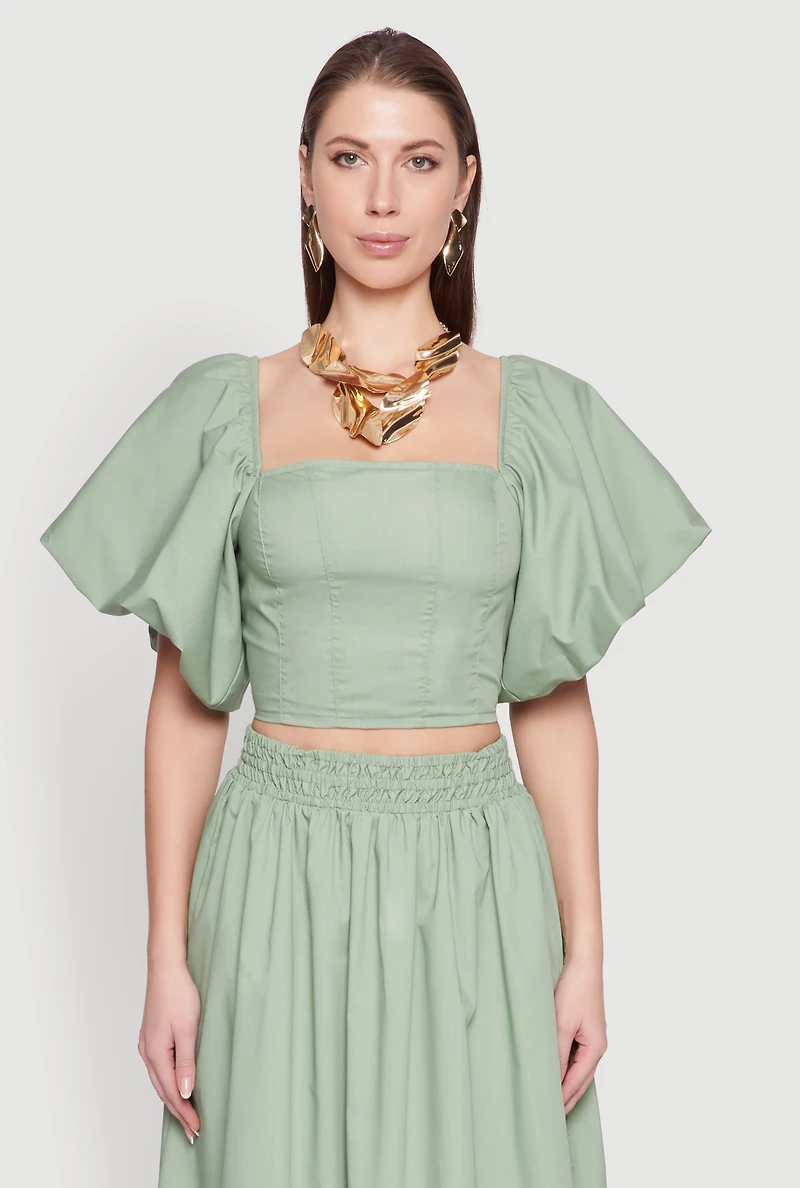 Poplin Puff Sleeve Corset Crop Top