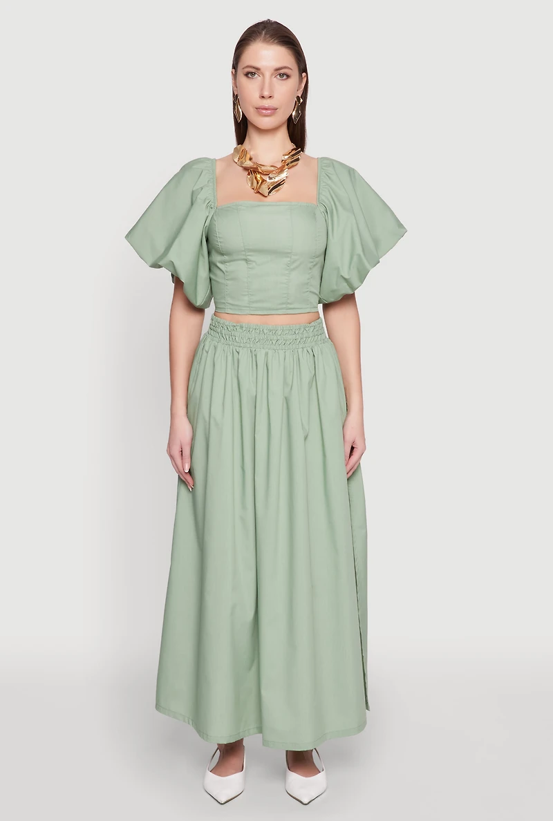 Womens Poplin Puff Sleeve Corset Crop Top,