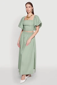 Womens Poplin Puff Sleeve Corset Crop Top, Green, Size M