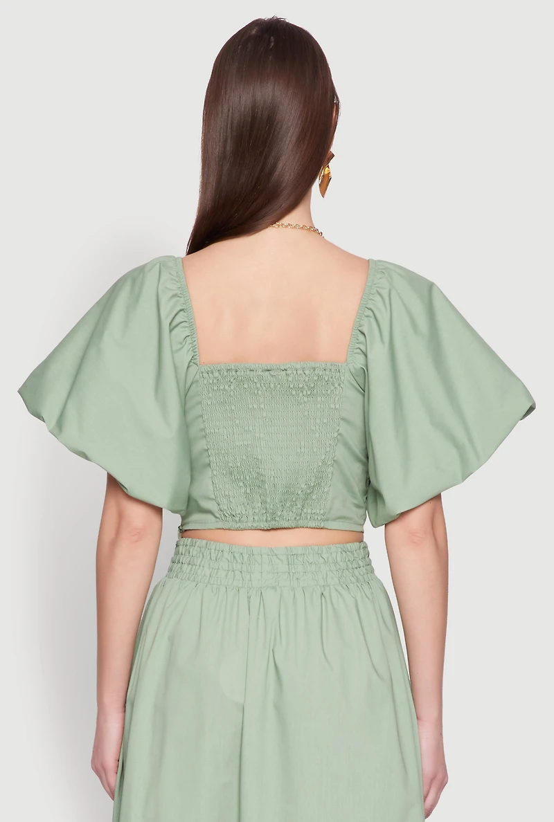 Womens Poplin Puff Sleeve Corset Crop Top,
