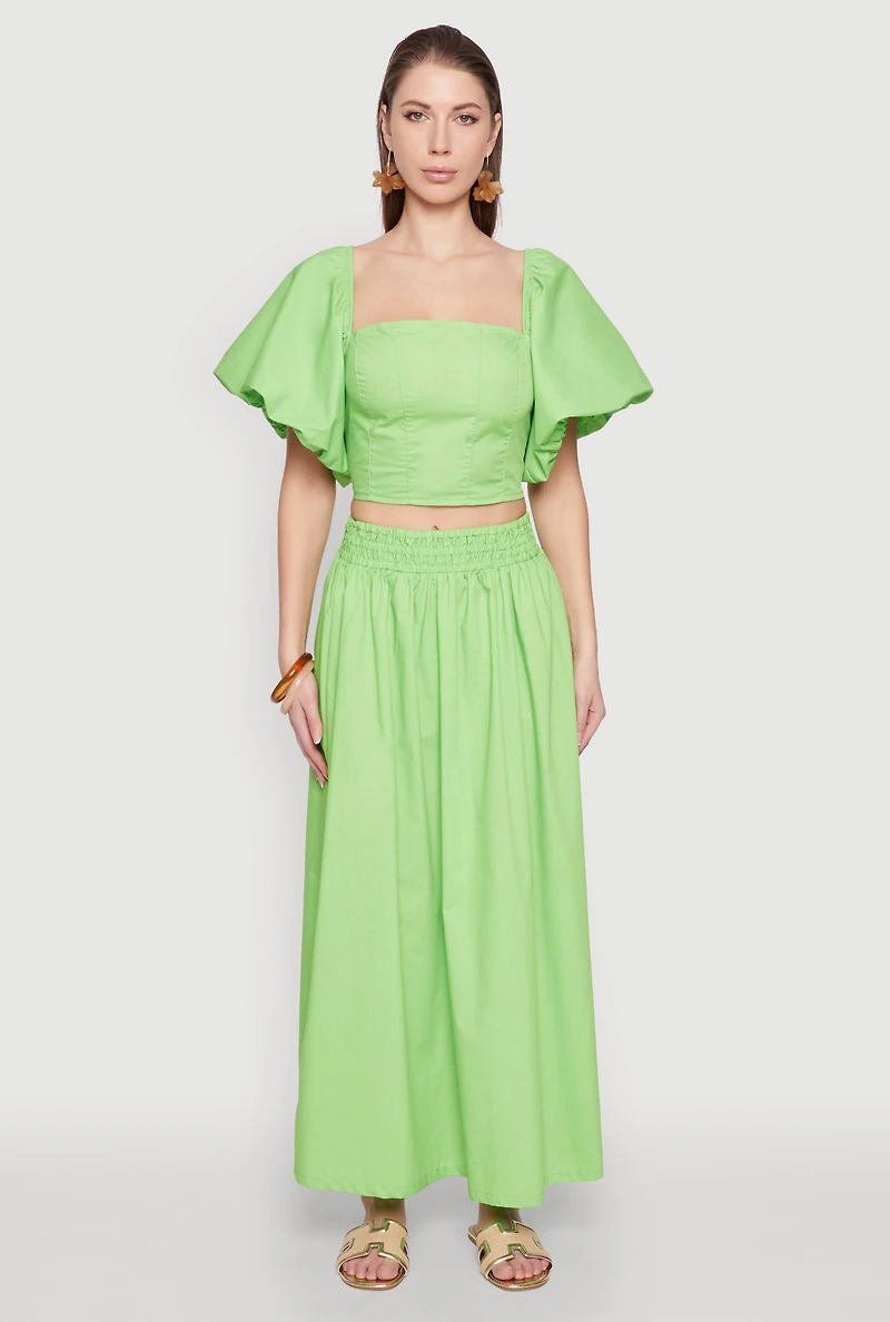 Womens Poplin Puff Sleeve Corset Crop Top, Green,