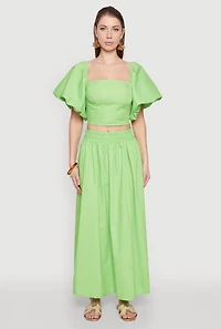 Womens Poplin Puff Sleeve Corset Crop Top, Green,