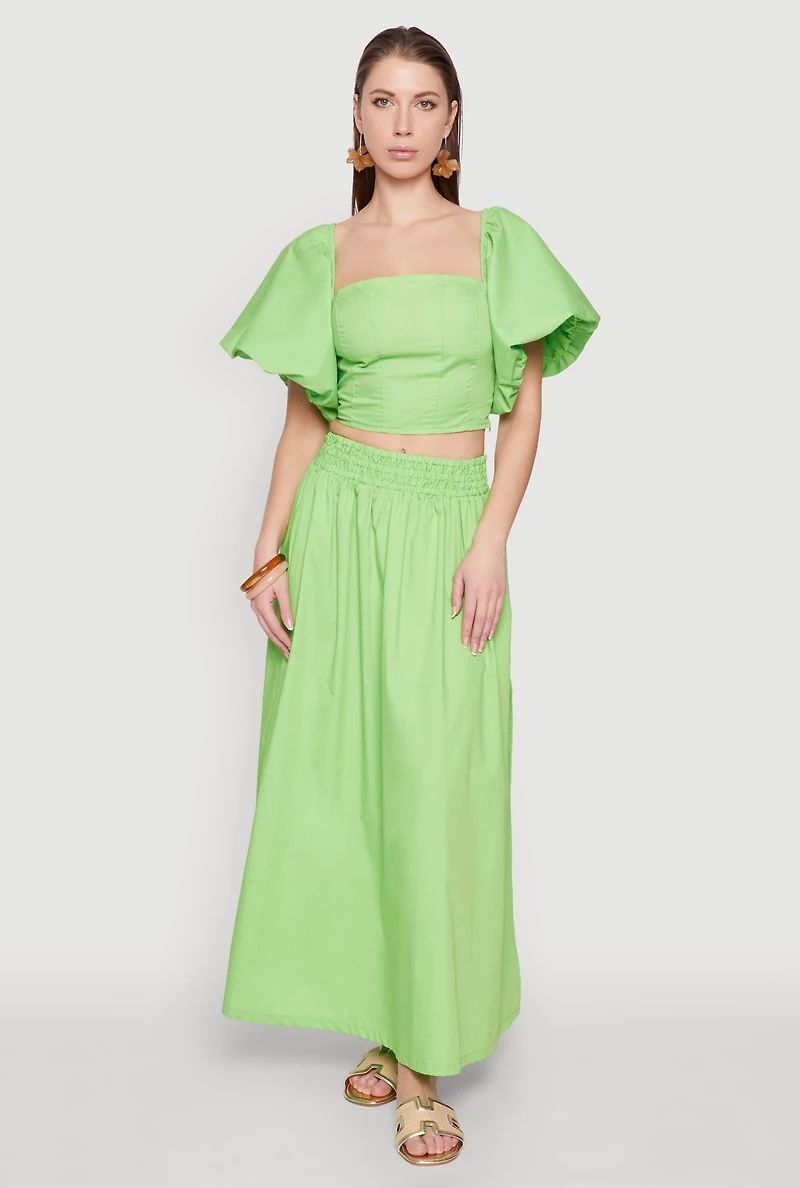 Womens Poplin Puff Sleeve Corset Crop Top,