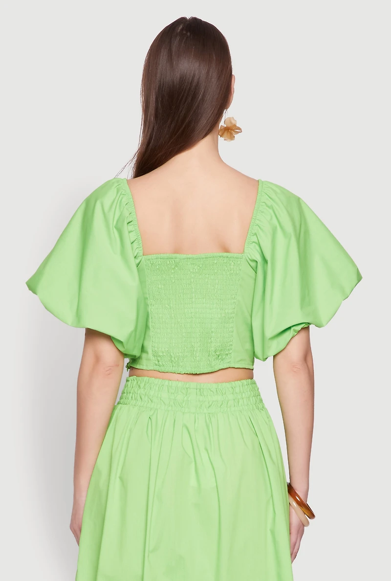 Womens Poplin Puff Sleeve Corset Crop Top, Green,