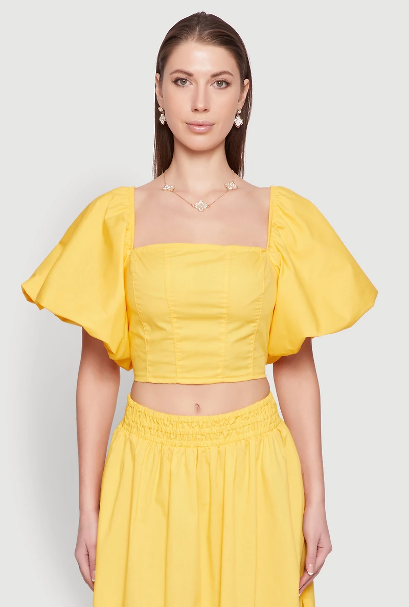 Poplin Puff Sleeve Corset Crop Top