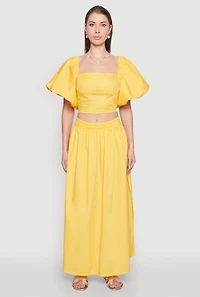 Womens Poplin Puff Sleeve Corset Crop Top, Yellow, Size S