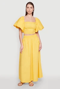 Womens Poplin Puff Sleeve Corset Crop Top, Yellow, Size S