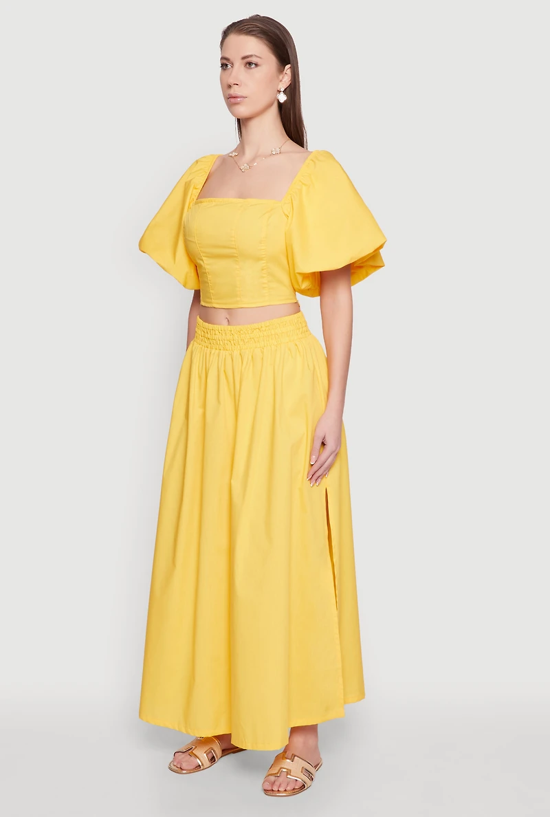 Womens Poplin Puff Sleeve Corset Crop Top, Yellow, Size S