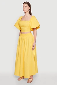 Womens Poplin Puff Sleeve Corset Crop Top, Yellow, Size S