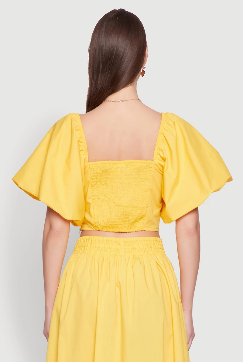 Womens Poplin Puff Sleeve Corset Crop Top, Yellow, Size S