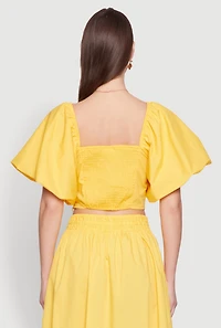 Womens Poplin Puff Sleeve Corset Crop Top, Yellow, Size S