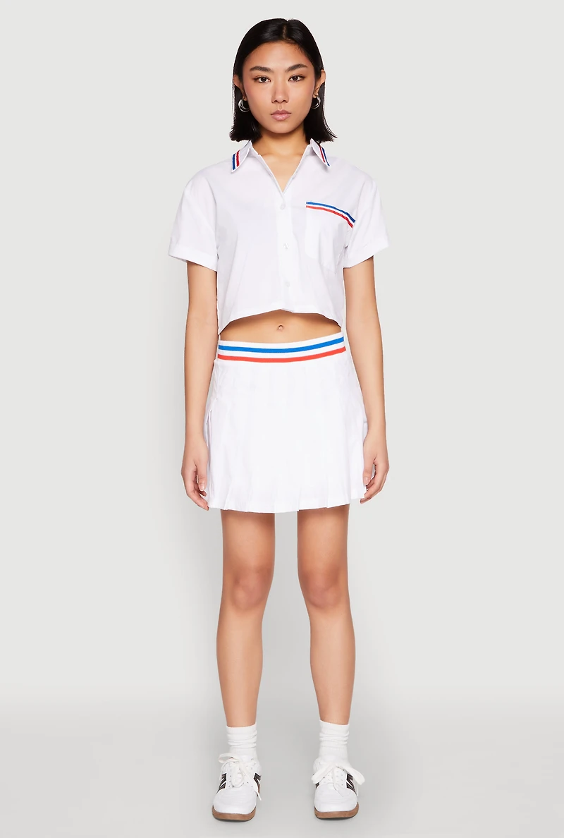 Womens Poplin Varsity Stripe Pleated Skirt, White, Size XL