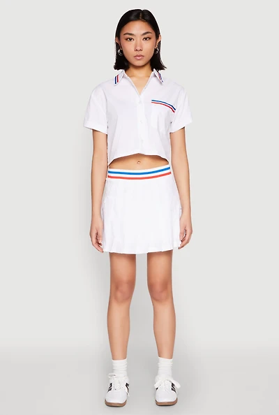 Womens Poplin Varsity Stripe Pleated Skirt, White, Size XL