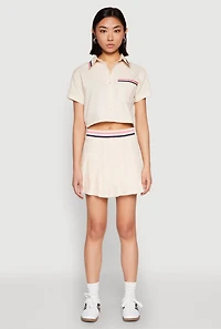Womens Poplin Varsity Stripe Pleated Skirt, Khaki, Size XL