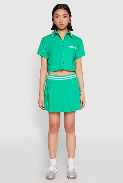 Womens Poplin Varsity Stripe Pleated Skirt,