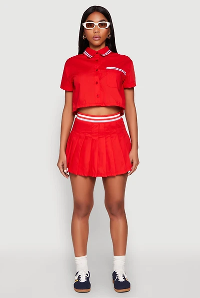 Womens Poplin Varsity Stripe Pleated Skirt, Red, Size M