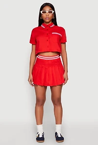 Womens Poplin Varsity Stripe Pleated Skirt, Red, Size M