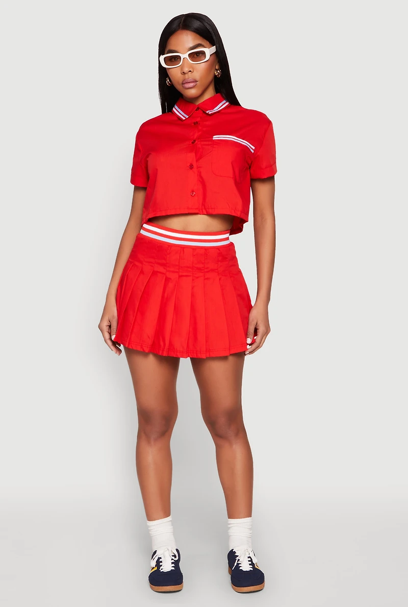 Womens Poplin Varsity Stripe Pleated Skirt, Red, Size M