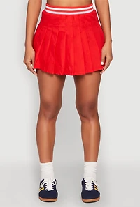 Womens Poplin Varsity Stripe Pleated Skirt, Red, Size M