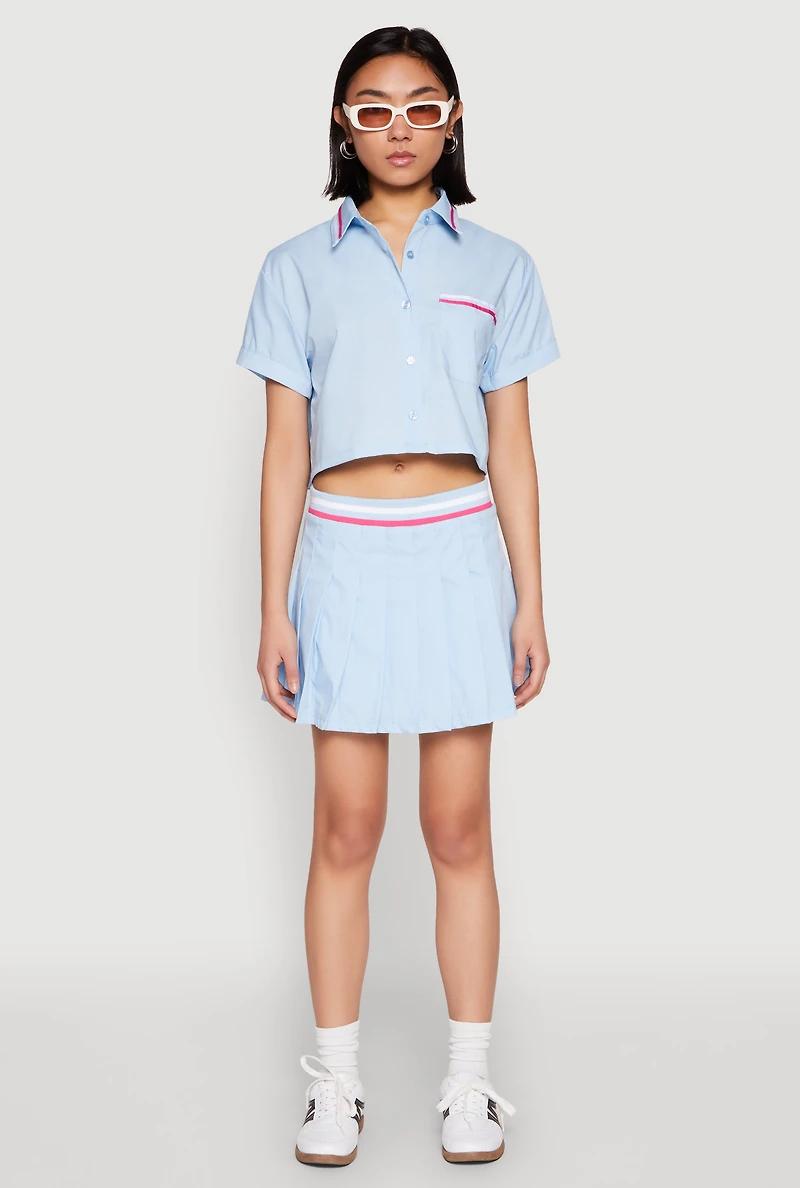 Womens Poplin Varsity Stripe Pleated Skirt,