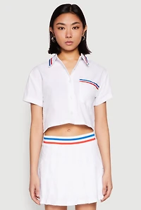 Womens Poplin Varsity Stripe Cropped Shirt, White, Size L