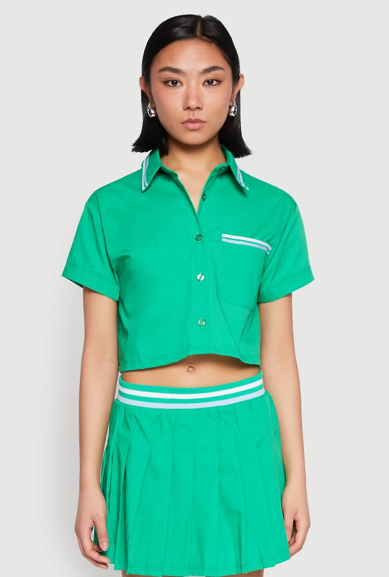Womens Poplin Varsity Stripe Cropped Shirt, Green, Size L