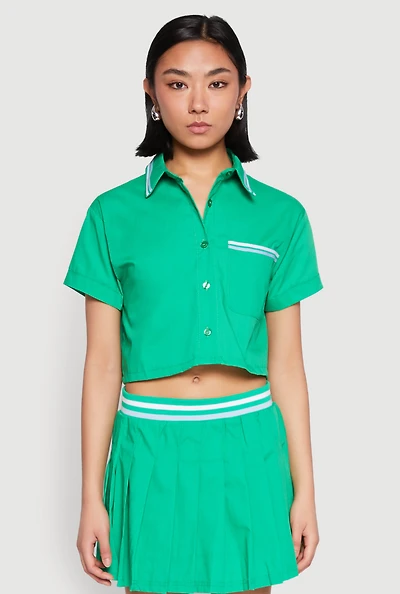 Womens Poplin Varsity Stripe Cropped Shirt, Green, Size L