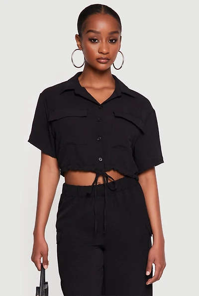 Crepe Knit Drawstring Hem Button Front Shirt