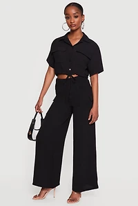 Elastic High Waisted Cargo Pocket Wide Leg Pants