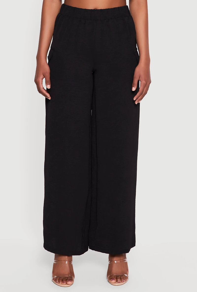 Elastic High Waisted Cargo Pocket Wide Leg Pants
