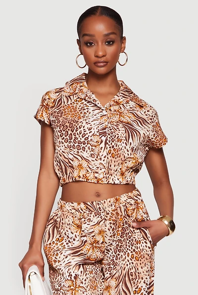 Floral Zebra Leopard Print Button Front Crop Top