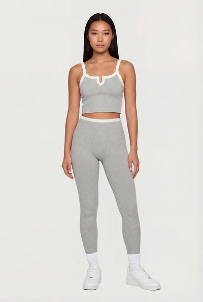 Contrast Trim Cropped Notch Neck Cami and Leggings Set