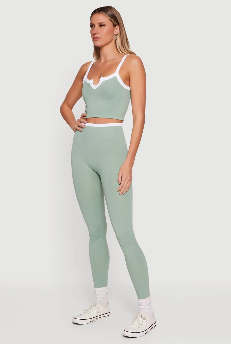 Contrast Trim Cropped Notch Neck Cami and Leggings Set