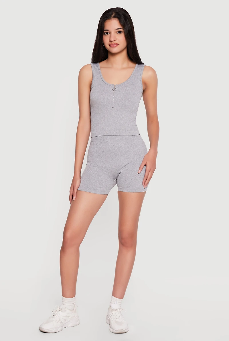 Quarter Zip Cropped Tank Top and Bike Shorts Set