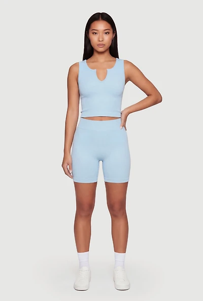 Ribbed Notch Neck Cropped Tank Top and Bike Shorts Set