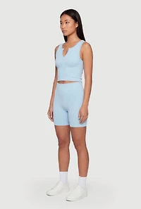 Ribbed Notch Neck Cropped Tank Top and Bike Shorts Set