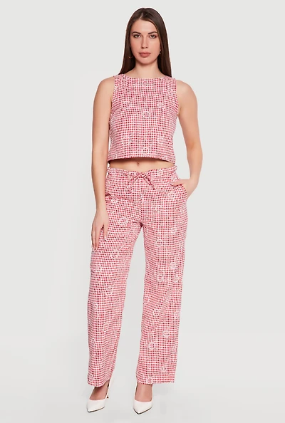 Floral Decorative Stitch Gingham Drawstring Waist Pants