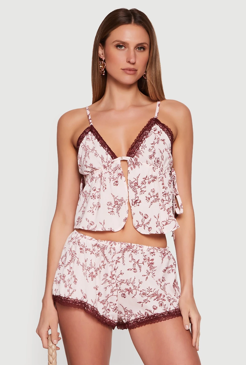 Floral Satin Lace Detail Side Tie Cropped Cami