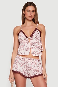 Floral Satin Lace Detail Side Tie Cropped Cami