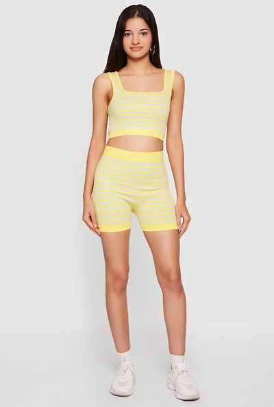 Seamless Striped Cropped Tank Top and Bike Shorts Set