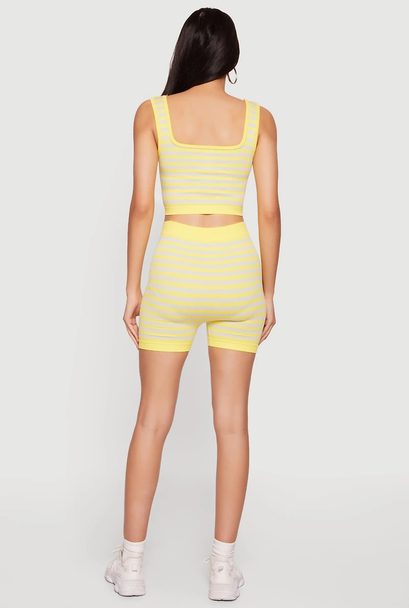 Seamless Striped Cropped Tank Top and Bike Shorts Set