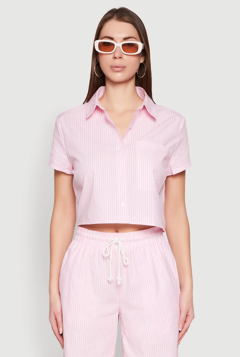 Womens Striped Cropped Shirt, Pink, Size M