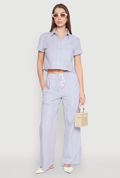 Womens Rory Striped Wide-Leg Drawstring Pants, Blue, Size L