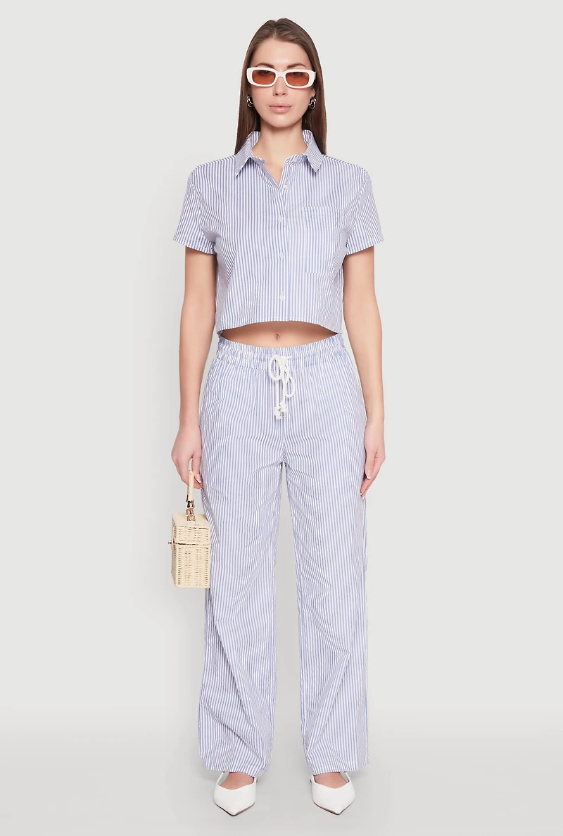 Womens Striped Drawstring Pants, Blue, Size M