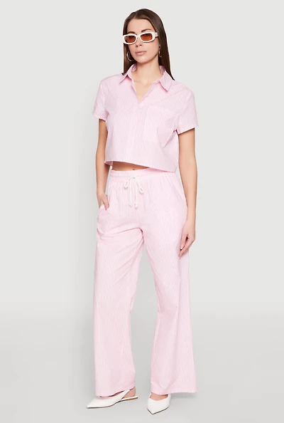 Womens Striped Drawstring Pants, Pink, Size M