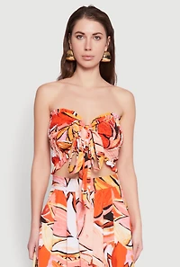 Womens Printed Pattern Tie Front Crop Top, Orange,