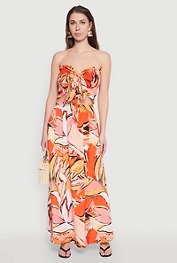 Womens Printed Pattern Tie Front Crop Top, Orange, Size L