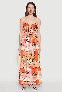 Womens Printed Pattern Tie Front Crop Top, Orange,
