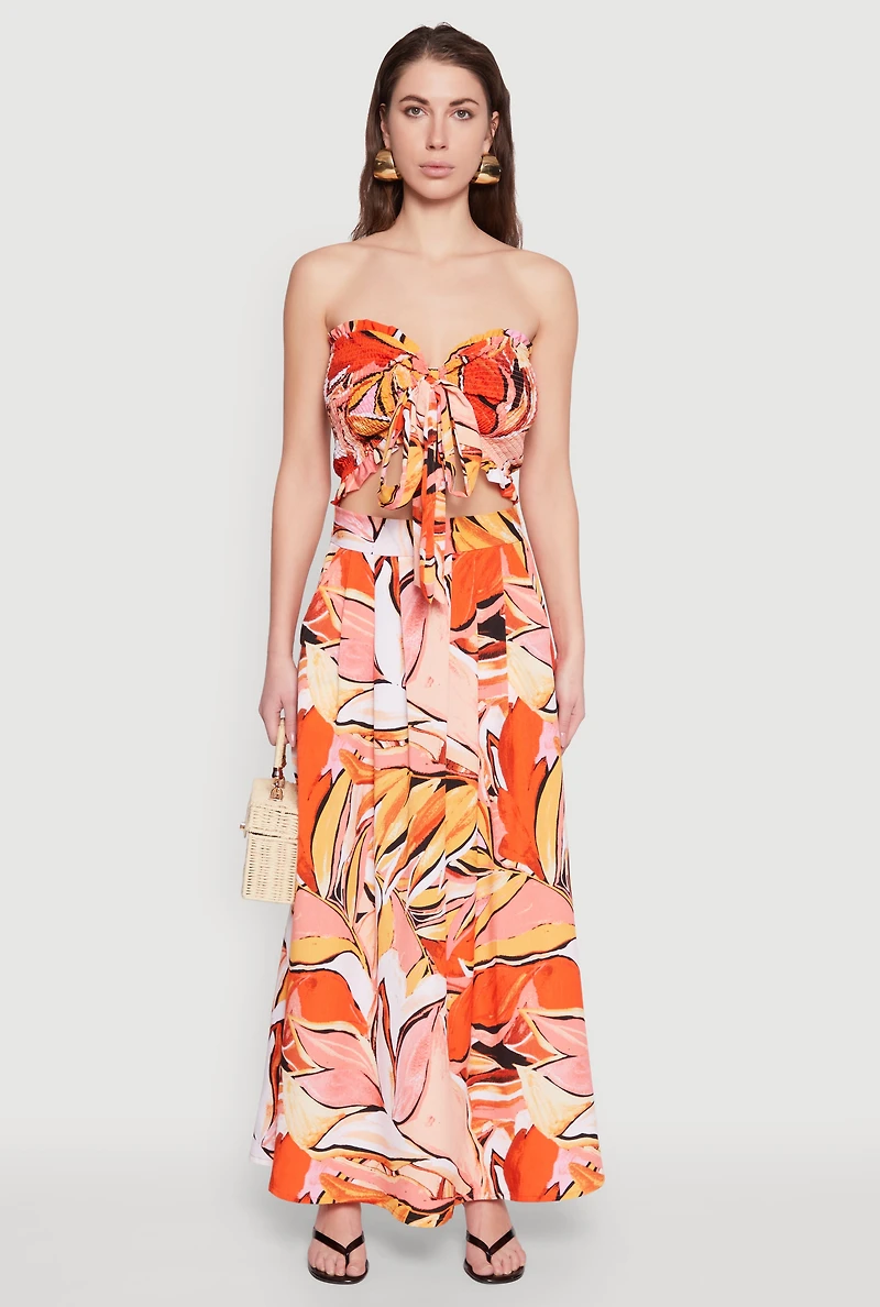 Womens Printed Pattern Tie Front Crop Top, Orange, Size L